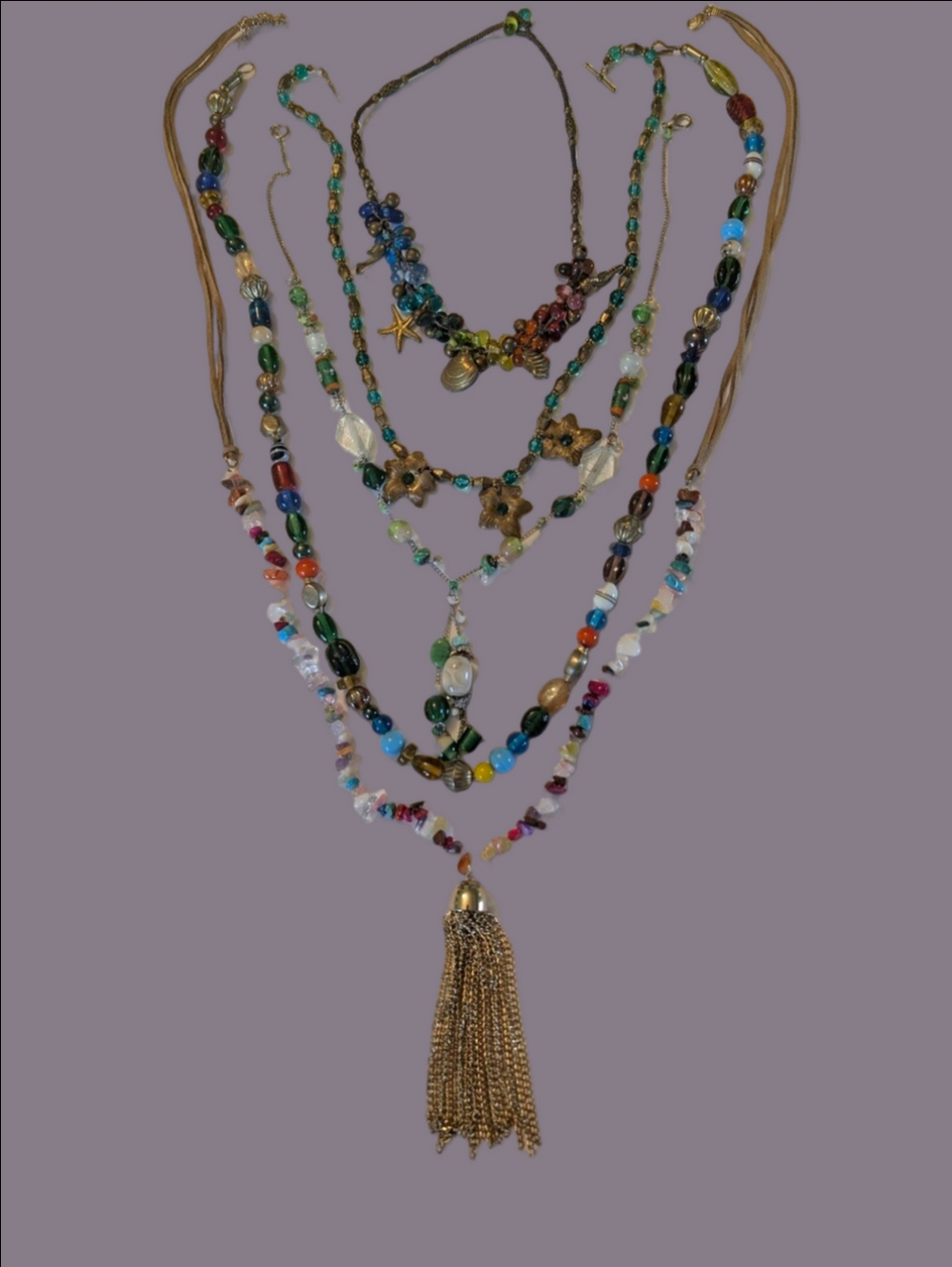 Vintage Necklace Bundle 5 Multicolor Layered Glass Beads Necklace Gold Tassel